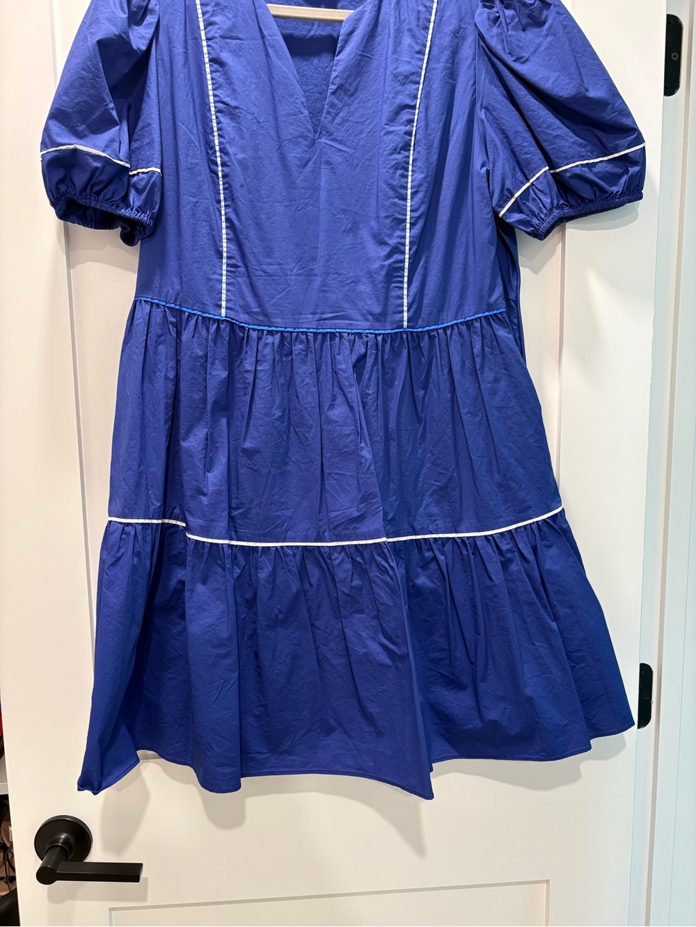English Factory Royal Blue Puff-Sleeve Tiered Dress with White Trim
